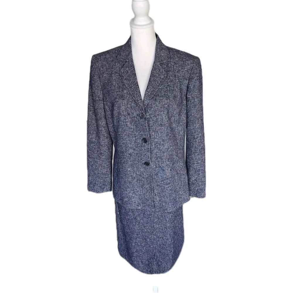 Preston & York 2pc‎ Skirt Suit Set Womens 12 Blue White Business Career Office